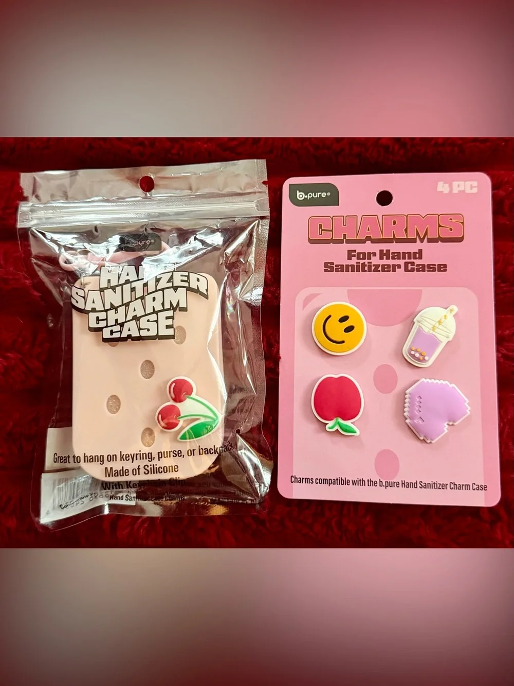 b.pure Pink Silicone Hand Sanitizer Charm Case with Cherry Accent